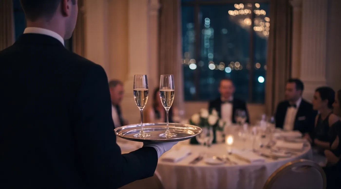 Waiter in white gloves carrying two flutes of champagne on a silver tray towards a gala dinner table in Dubai