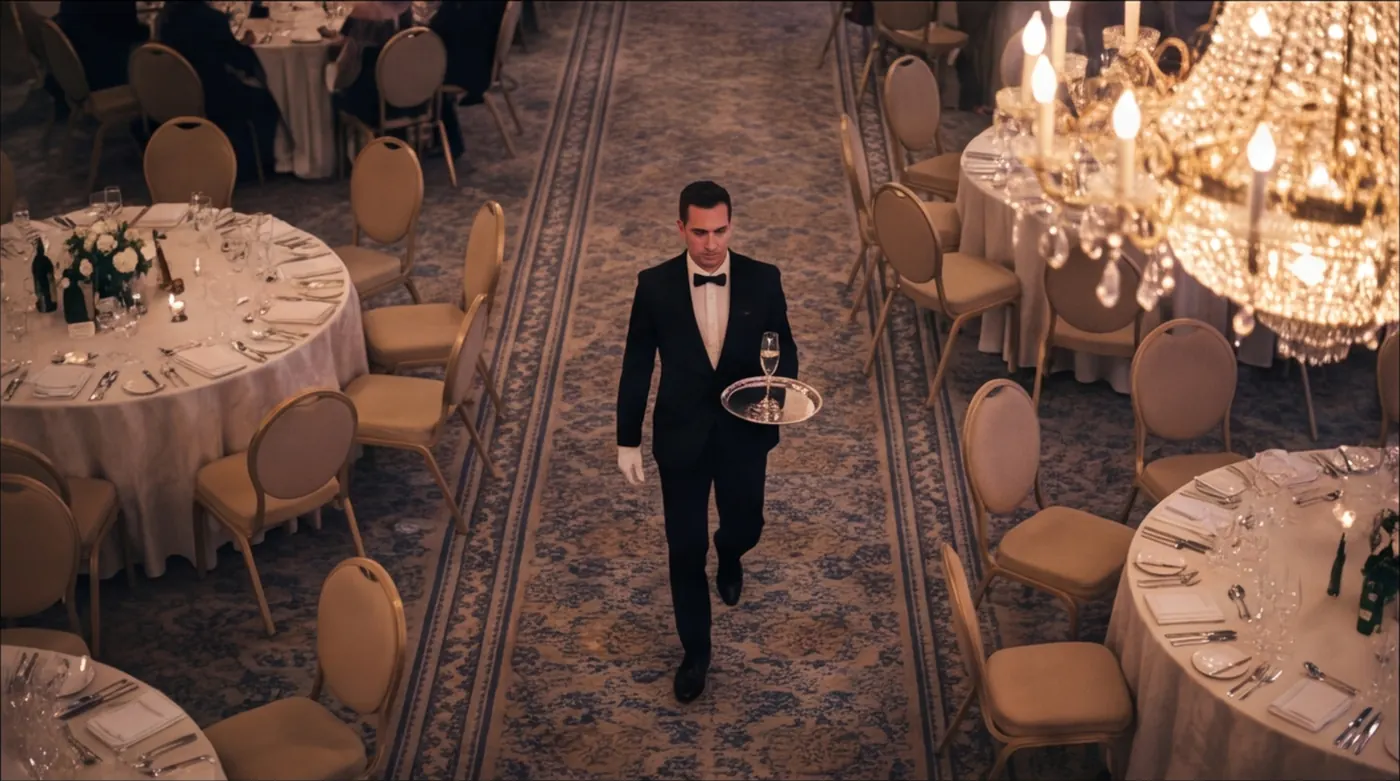 Waiter in black tie crossing an empty ballroom between set gala tables under a crystal chandelier