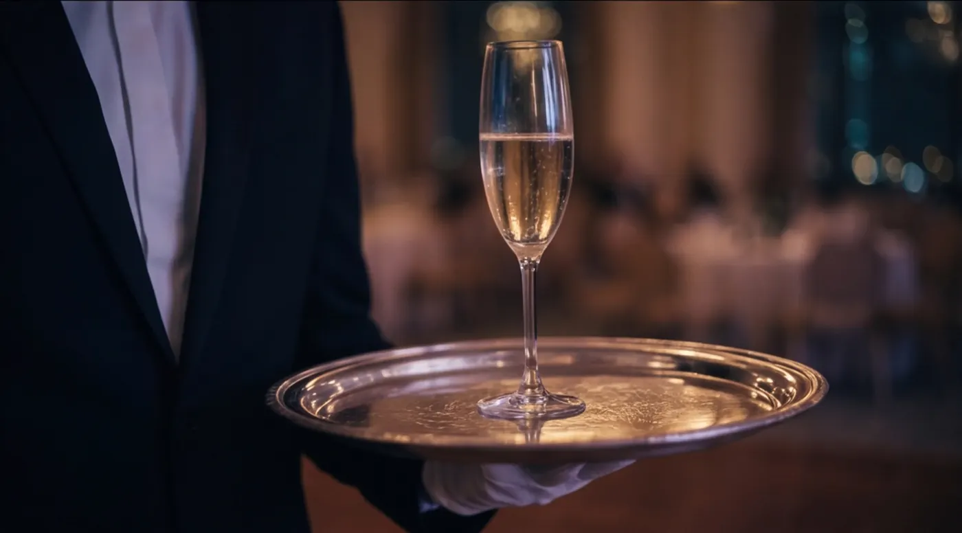 Close up of a champagne flute on a polished silver tray held by a white gloved hand