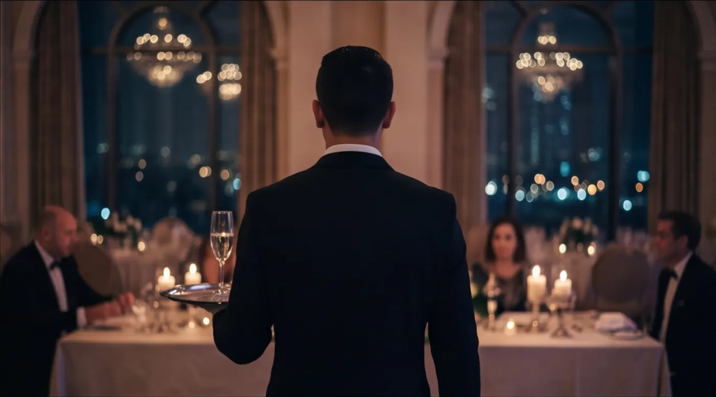 Waiter seen from behind approaching candlelit dinner tables with a champagne tray, city lights through arched windows