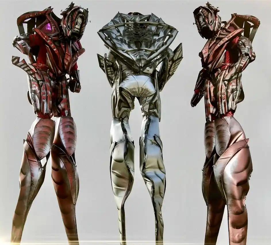 Front view of futuristic red metallic alien exosuit, biomechanical design with fragmented plates and cyberpunk elements