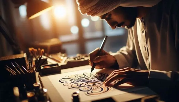 Emirati artist in traditional ghutra and thobe meticulously drawing elegant Arabic calligraphy with ink pen on paper, warm studio lighting highlighting detailed artistic process for cultural entertainment in Dubai