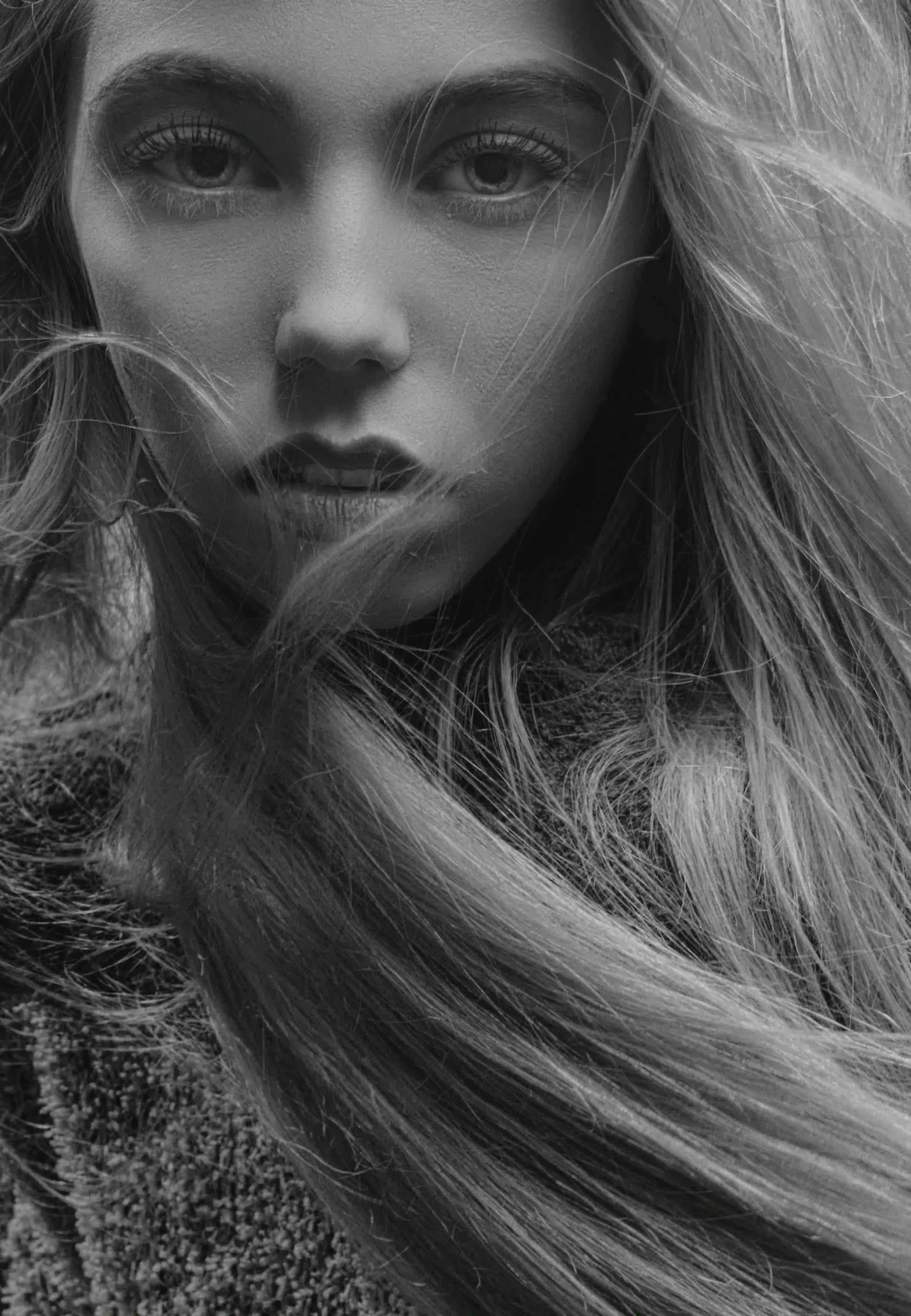 Intense black and white beauty portrait of blonde woman with long flowing hair, piercing eyes and natural makeup, hair strands framing face dramatically, artistic editorial style for entertainment