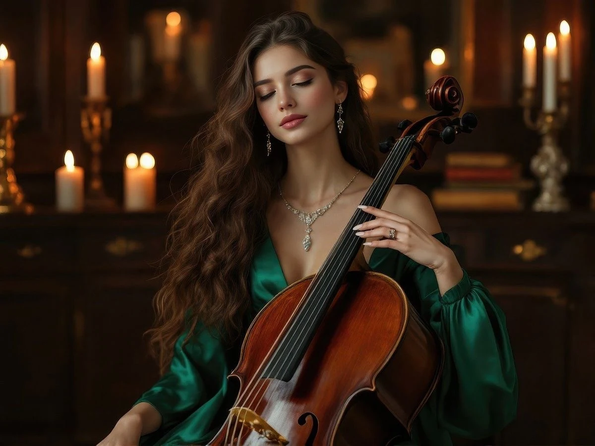 Elegant female violinist in emerald green satin dress playing violin in candlelit luxurious library setting, romantic and sophisticated live music for Dubai weddings, corporate galas, and high-end events 2026