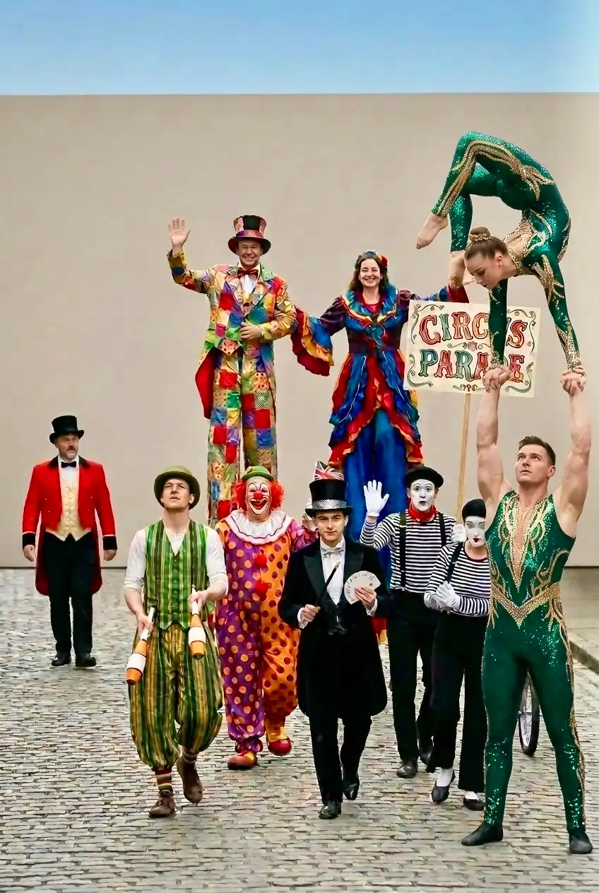 Colorful circus parade performers in full costume clowns, ringmaster, strongman, acrobat and mime marching together with “Circus Parade” sign, vibrant live entertainment for Dubai family events, luxury parties, corporate galas and hotel shows 2026