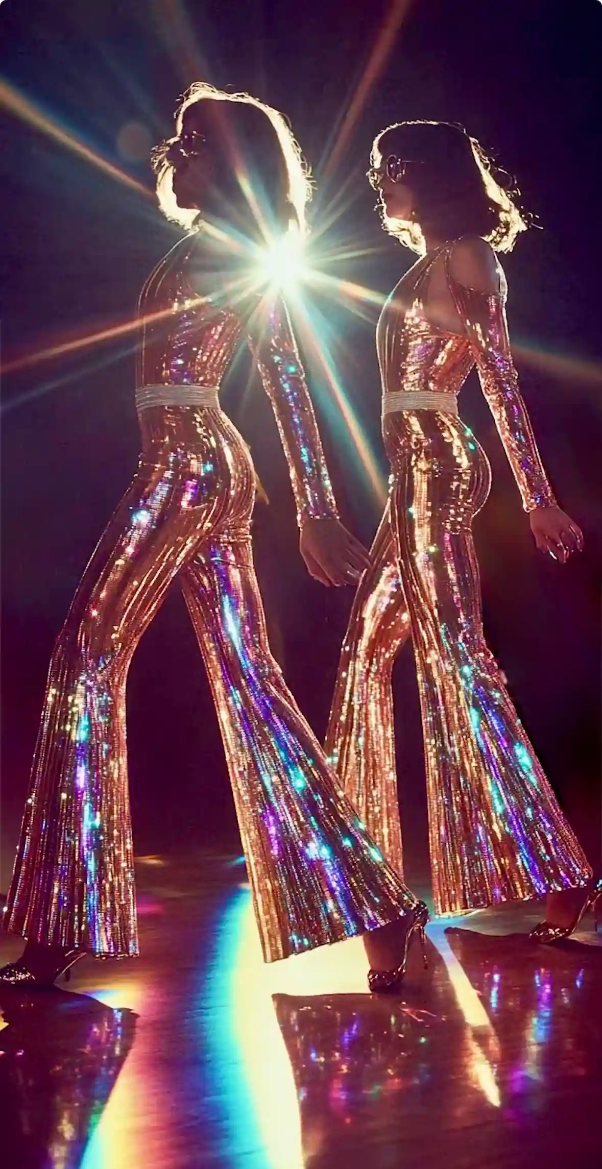 Glamorous luxury Studio 54 disco dancers in shimmering iridescent jumpsuits and oversized sunglasses striking iconic poses under dramatic stage lights for Cover Page Agency Dubai. High-end retro-futuristic entertainment talent delivering sparkling, high-energy performances at exclusive events and luxury parties across the UAE.