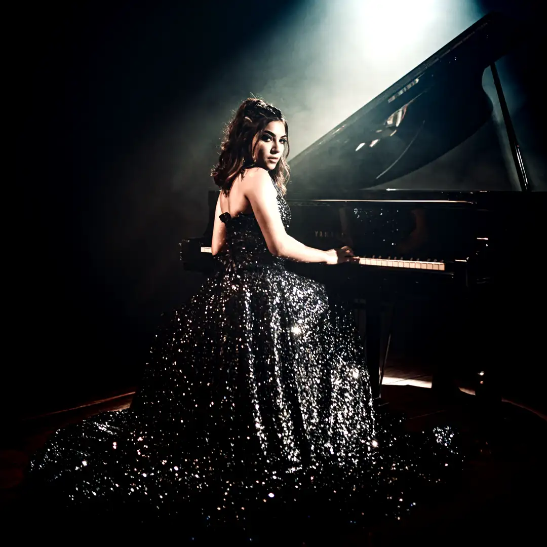 Glamorous luxury pianist in a breathtaking sparkling black sequined gown performing on a grand piano under dramatic spotlight for Cover Page Agency Dubai. High-end classical and contemporary music talent delivering elegant, sophisticated live performances at exclusive events, galas and luxury soirées across the UAE.