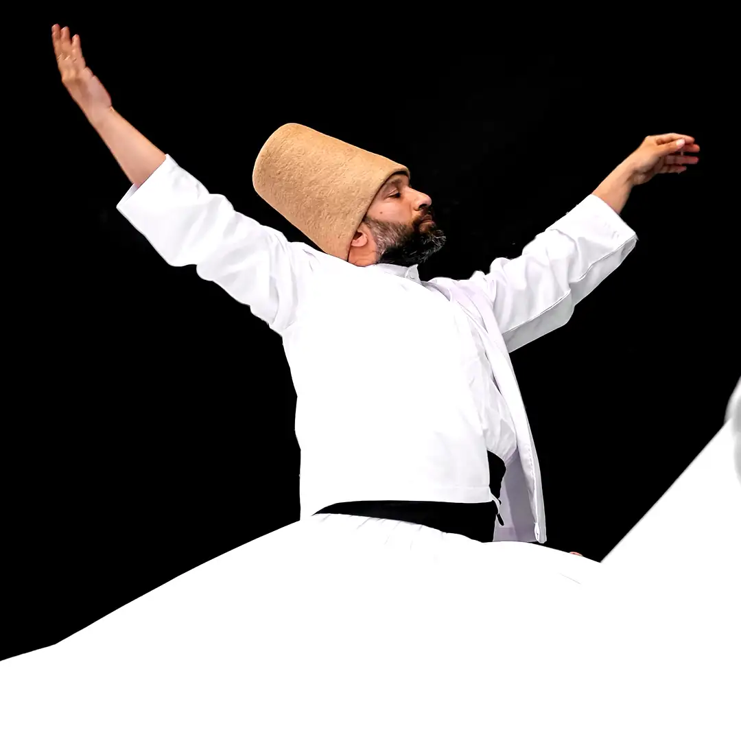 Mesmerizing luxury Sufi dancer in traditional white attire and tan hat performing the iconic spinning dance with arms raised for Cover Page Agency Dubai. High-end spiritual and cultural entertainment talent delivering graceful, hypnotic whirling performances at exclusive events and luxury cultural experiences across the UAE.