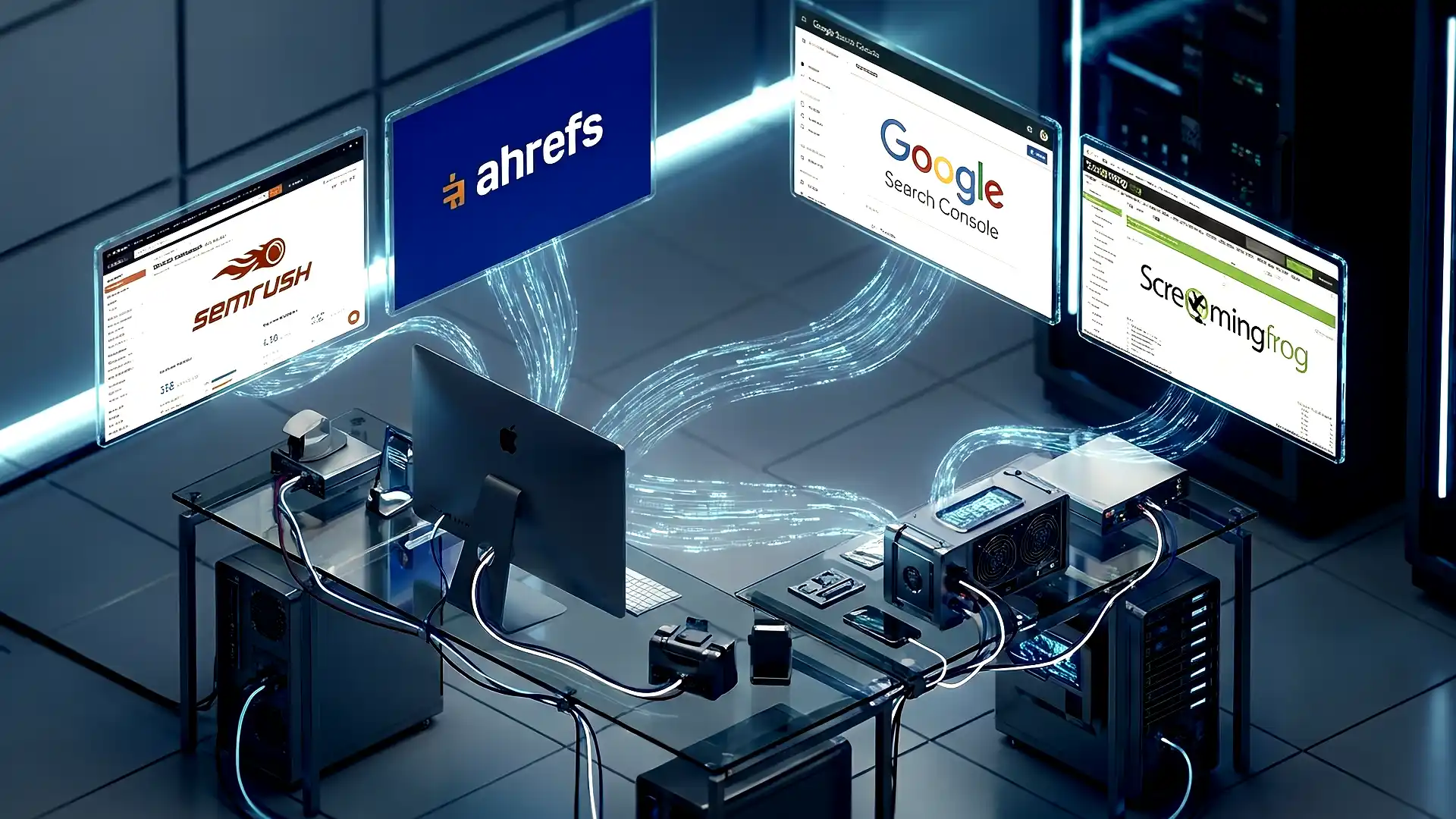 Professional SEO tools dashboard — Semrush, Ahrefs, Google Search Console and Screaming Frog on futuristic 3D workstation