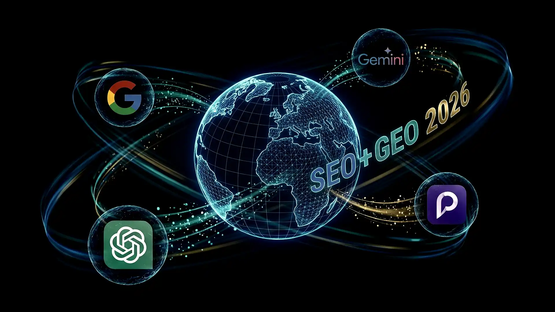 SEO and GEO 2026 digital ecosystem — Google, ChatGPT, Gemini and Perplexity orbiting a glowing 3D globe