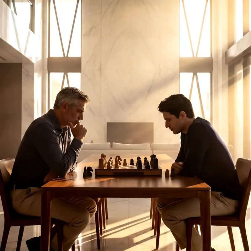 Two colleagues playing chess in a sunlit lounge, a team building activity