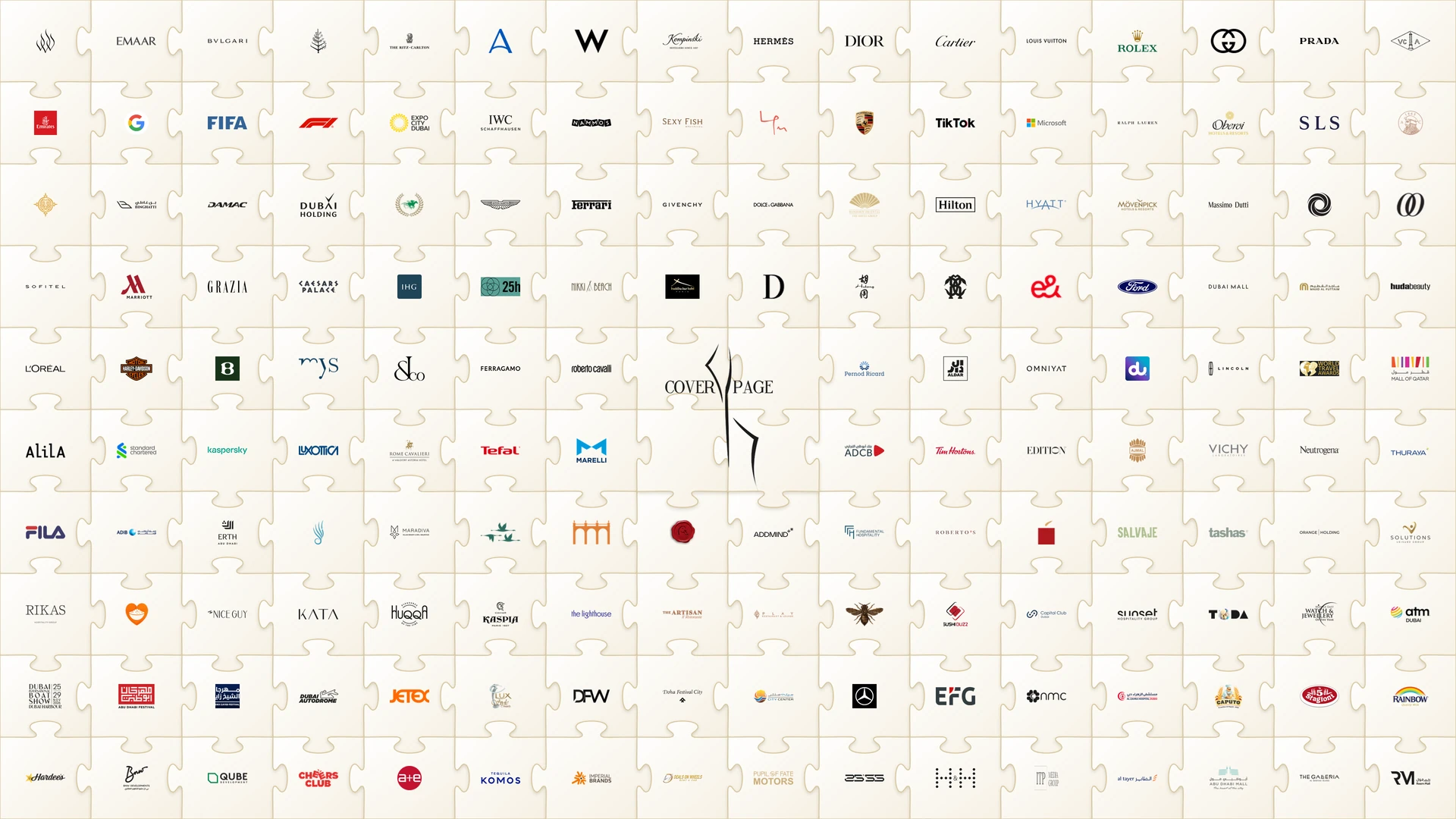 Cover Page Agency logo on four puzzle pieces surrounded by 156 client logos from Dubai hotels, luxury maisons and events since 2015