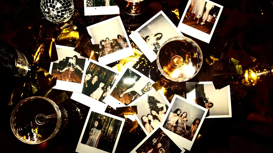 Instant photo booth prints scattered on a table at a party