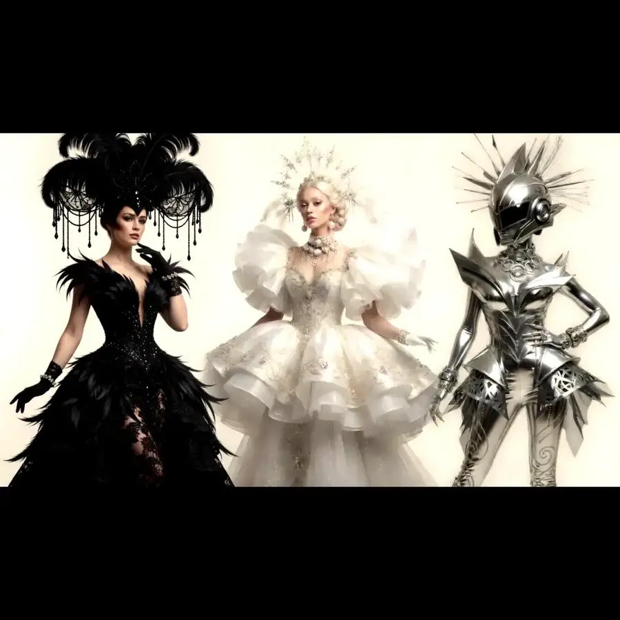 Three performers in black, white and silver show costumes