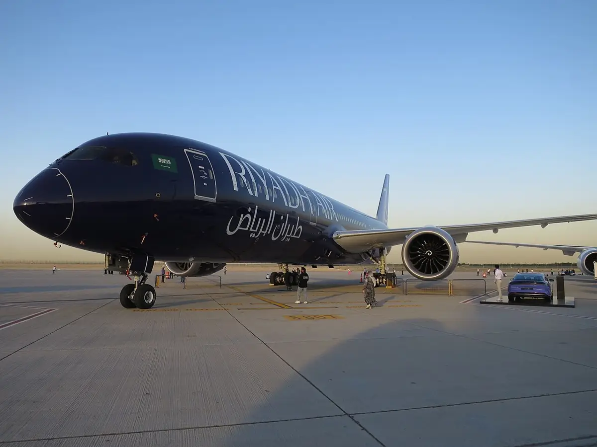Boeing 787 on static display at the Dubai Airshow at sunset