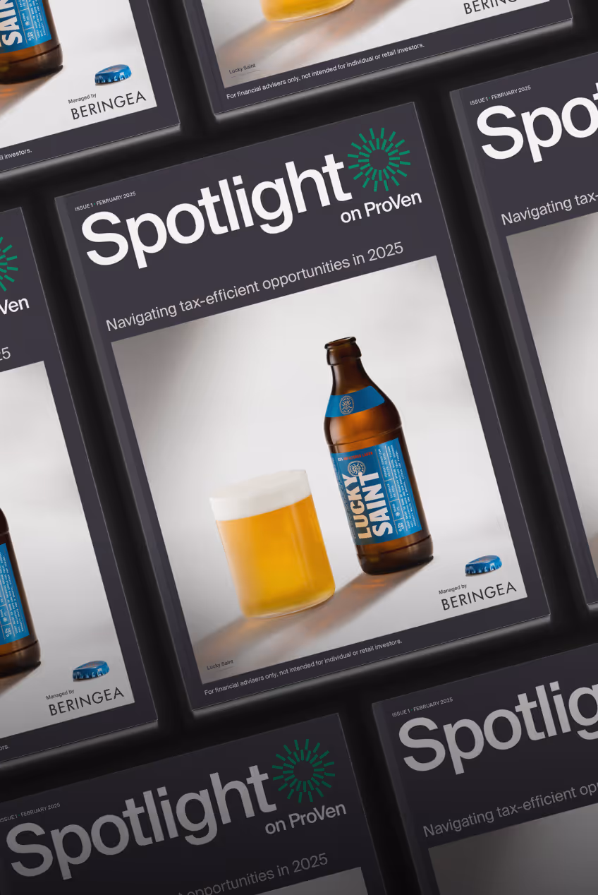 Covers of Spotlight on ProVen brochure featuring Lucky Saint beer and tax tips for 2025.