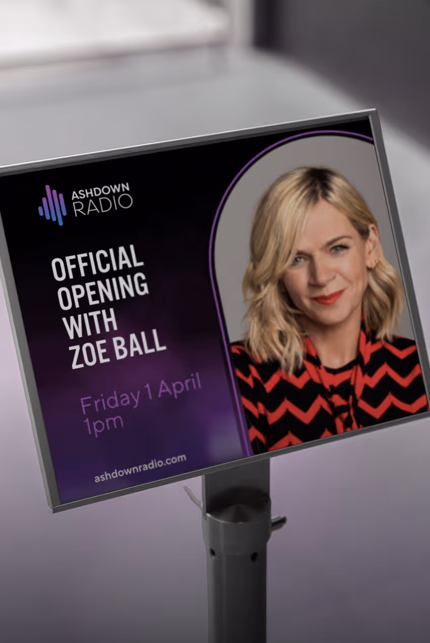 Ashdown Radio official opening with Zoe Ball on Friday 1 April at 1pm, featuring a photo of Zoe Ball.