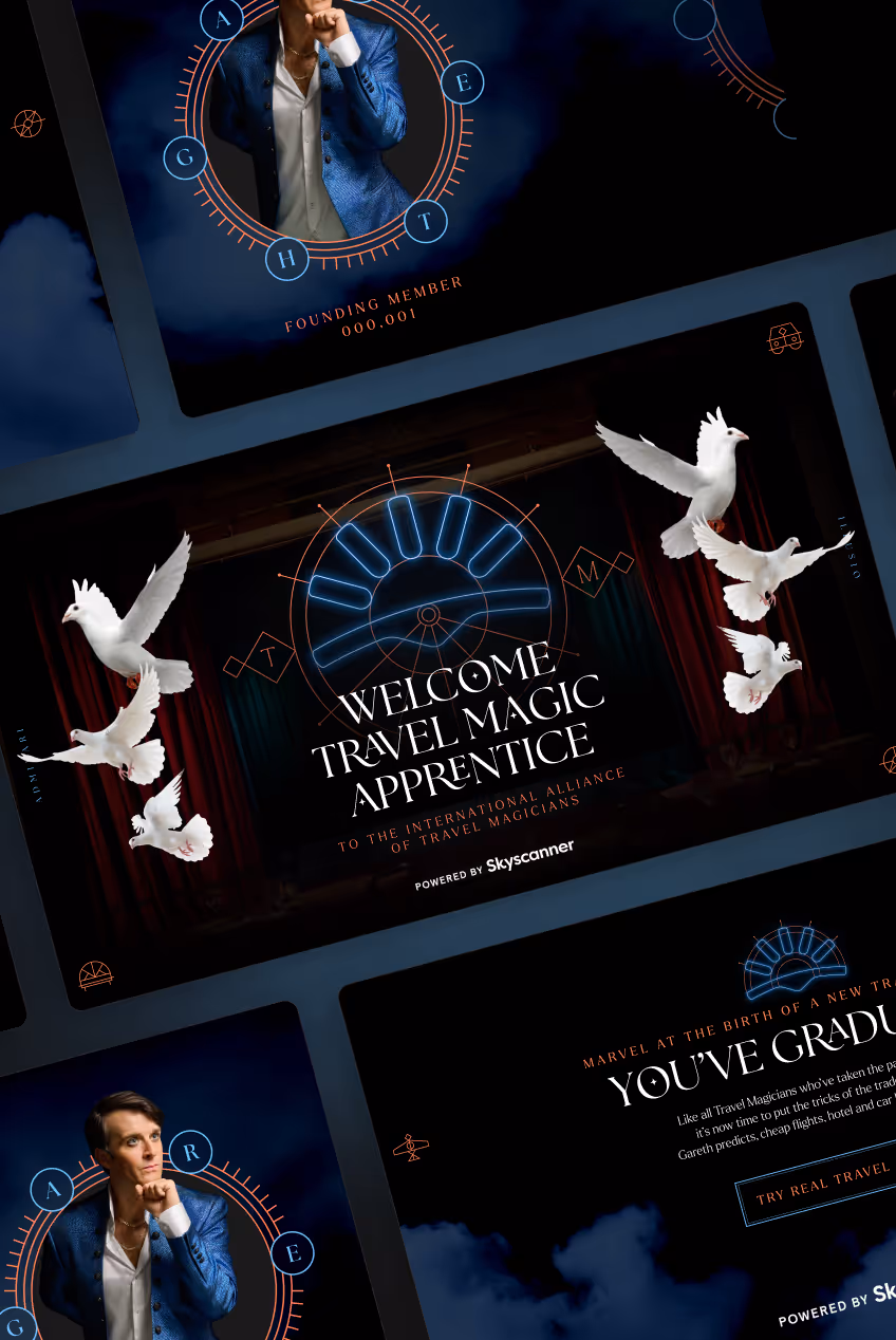 Digital cards featuring a man in blue blazer, white doves, and welcome text for Travel Magic Apprentice.