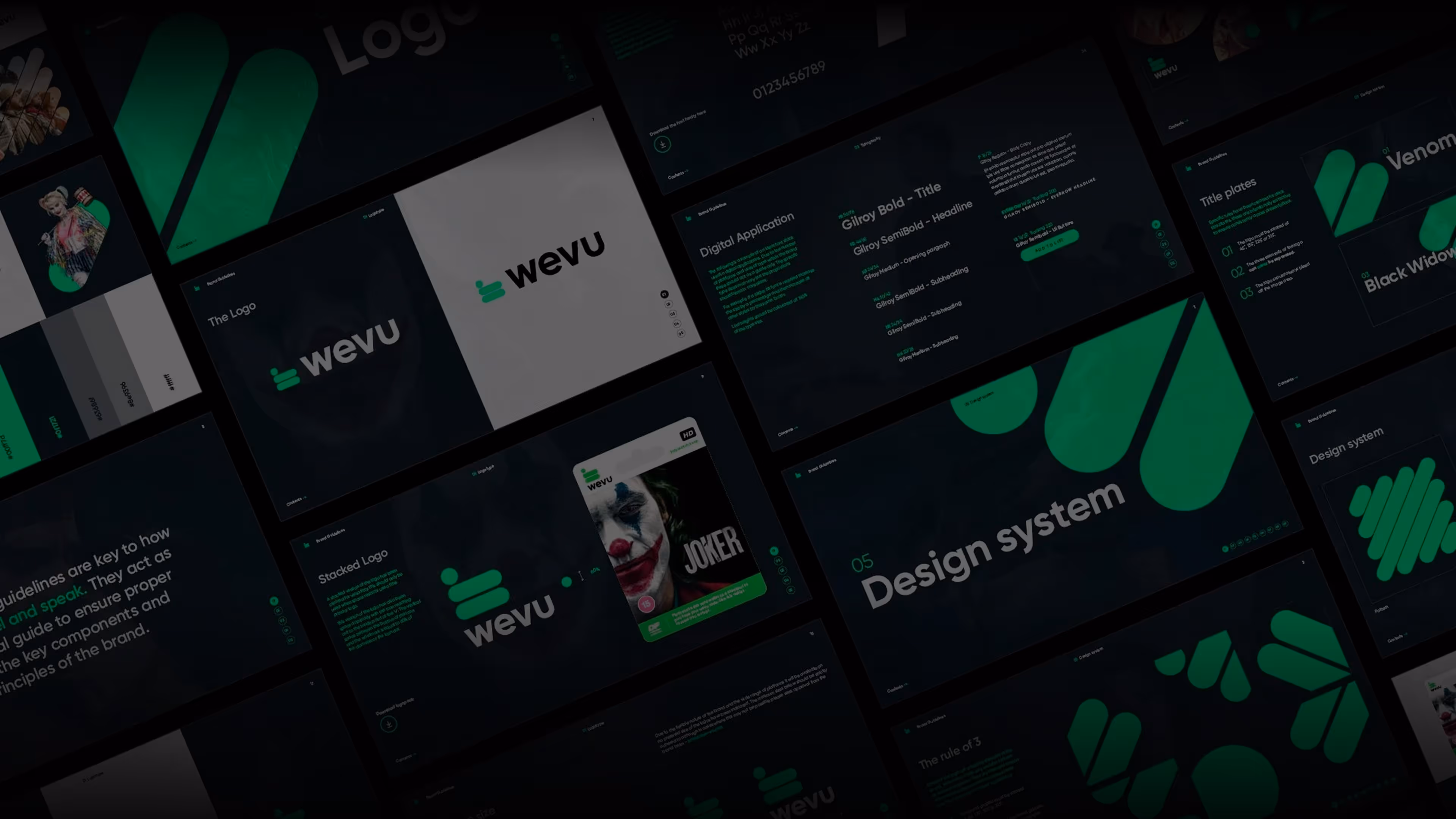 Dark-themed brand guideline slides for 'wevu' showing logos, typography, and design system elements in green and white.