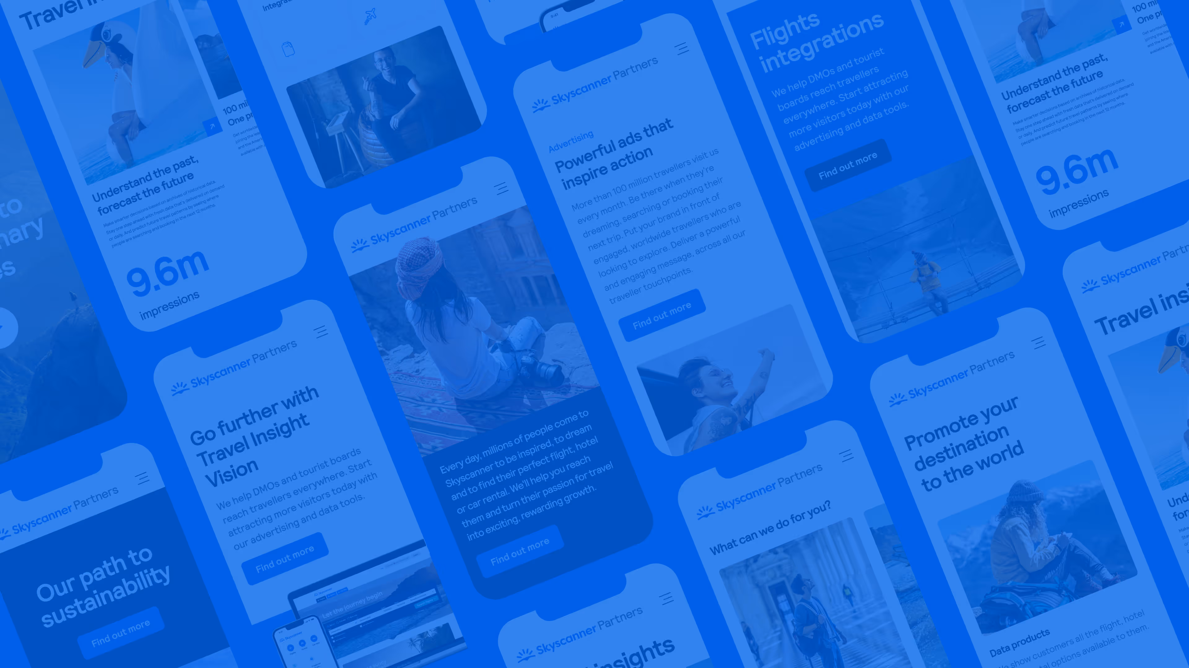 Multiple smartphone screens showing Skyscanner Partners travel ads and insights with travel images and text.