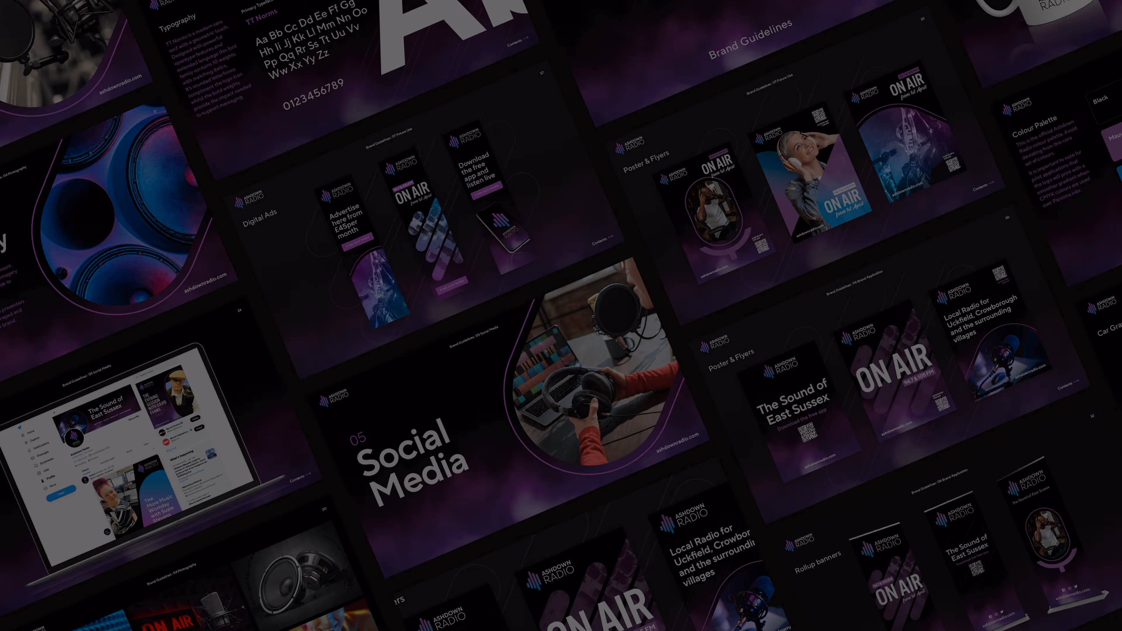 Collage of Ashdown Radio brand guidelines showing typography, digital ads, social media, posters, and colors.