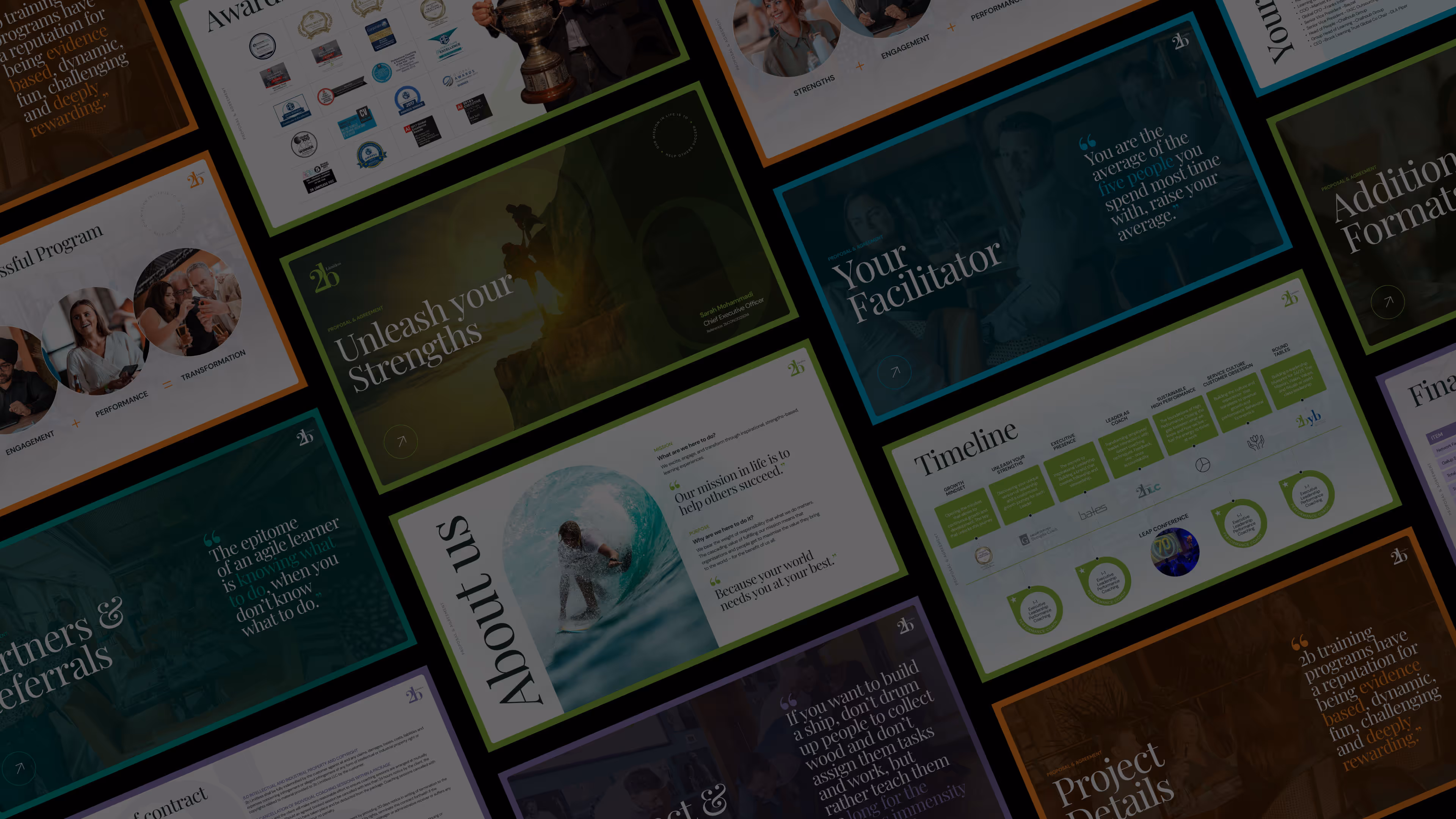 Collage of business presentation slides including 'Unleash your Strengths,' 'Your Facilitator,' and timeline graphics.