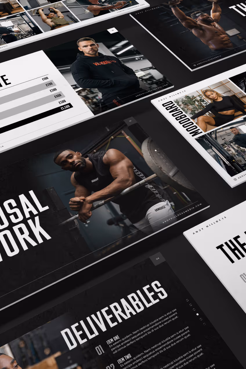 Collage of fitness-themed social media post designs featuring muscular models, moodboard, and pricing.