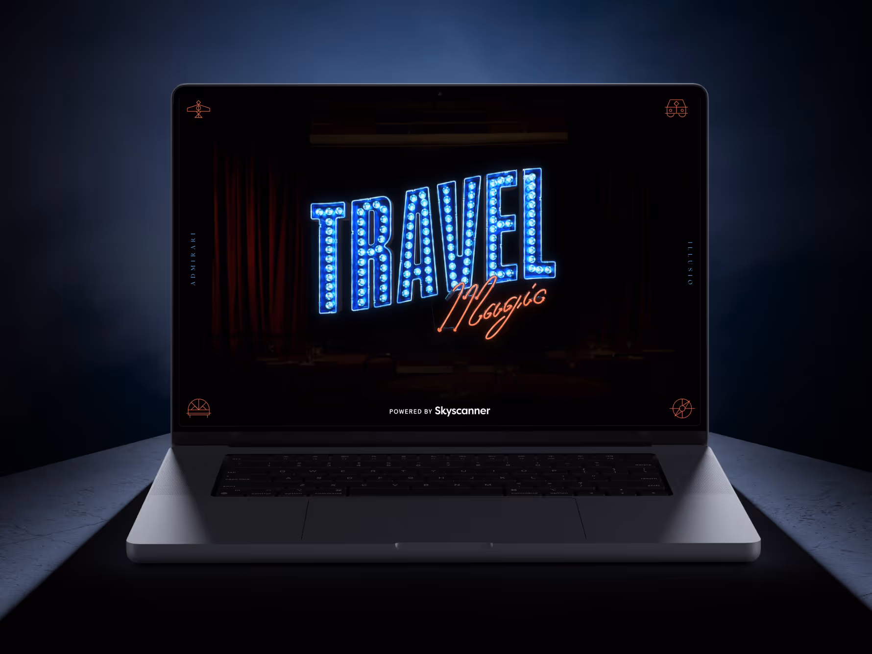 Open laptop showing neon sign reading 'Travel Magic' with Skyscanner branding below.