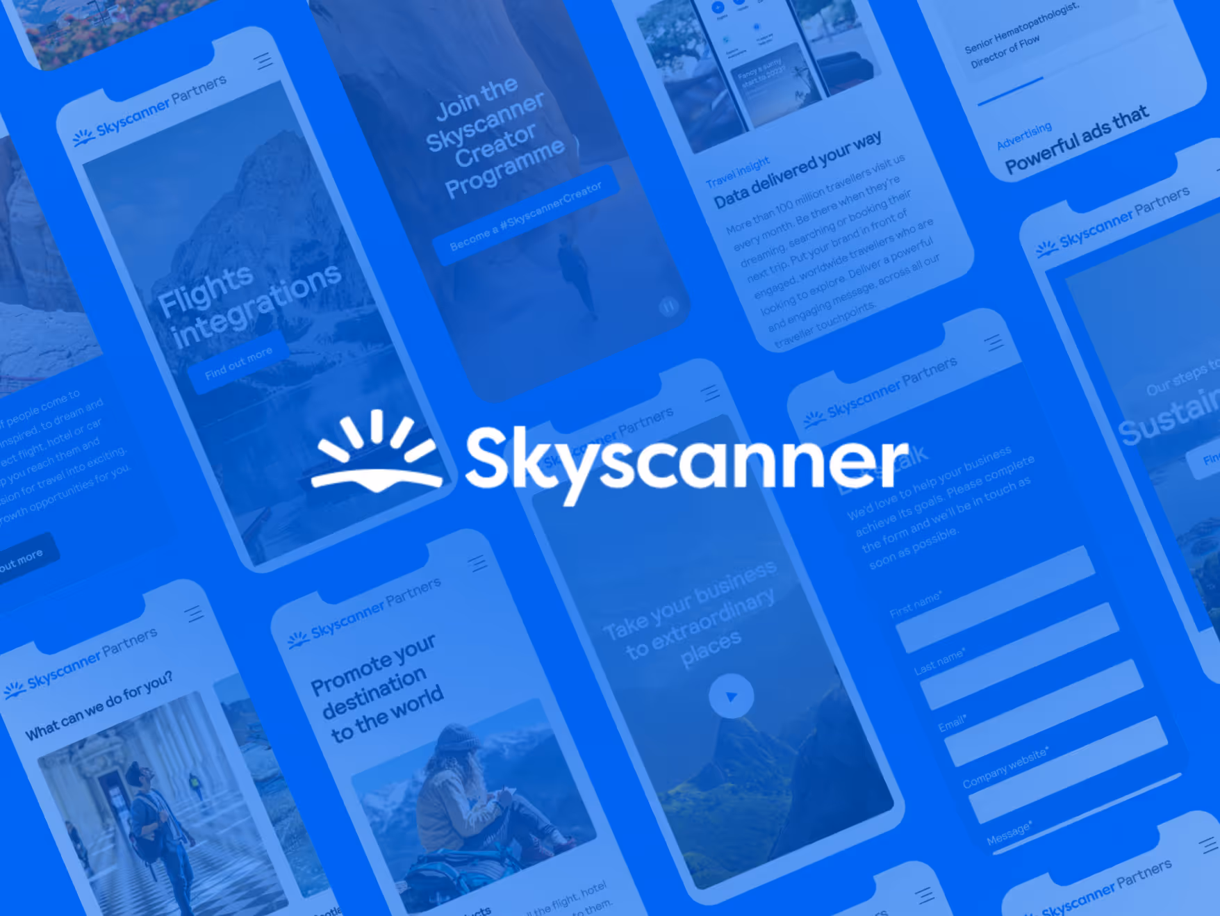 Collage of Skyscanner Partners mobile screens with the Skyscanner logo centered.
