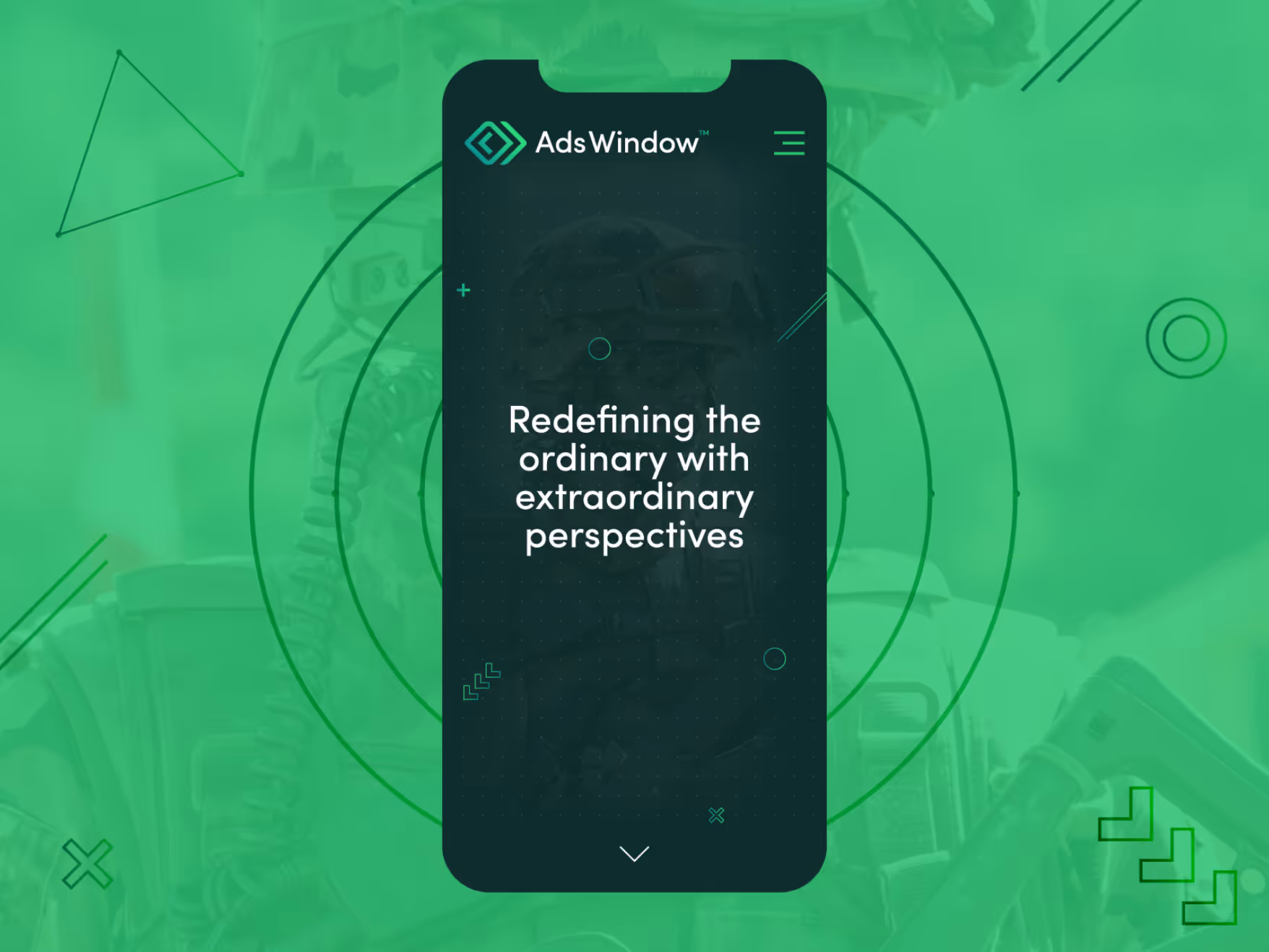 Smartphone screen with AdsWindow and text redefining the ordinary with extraordinary perspectives.