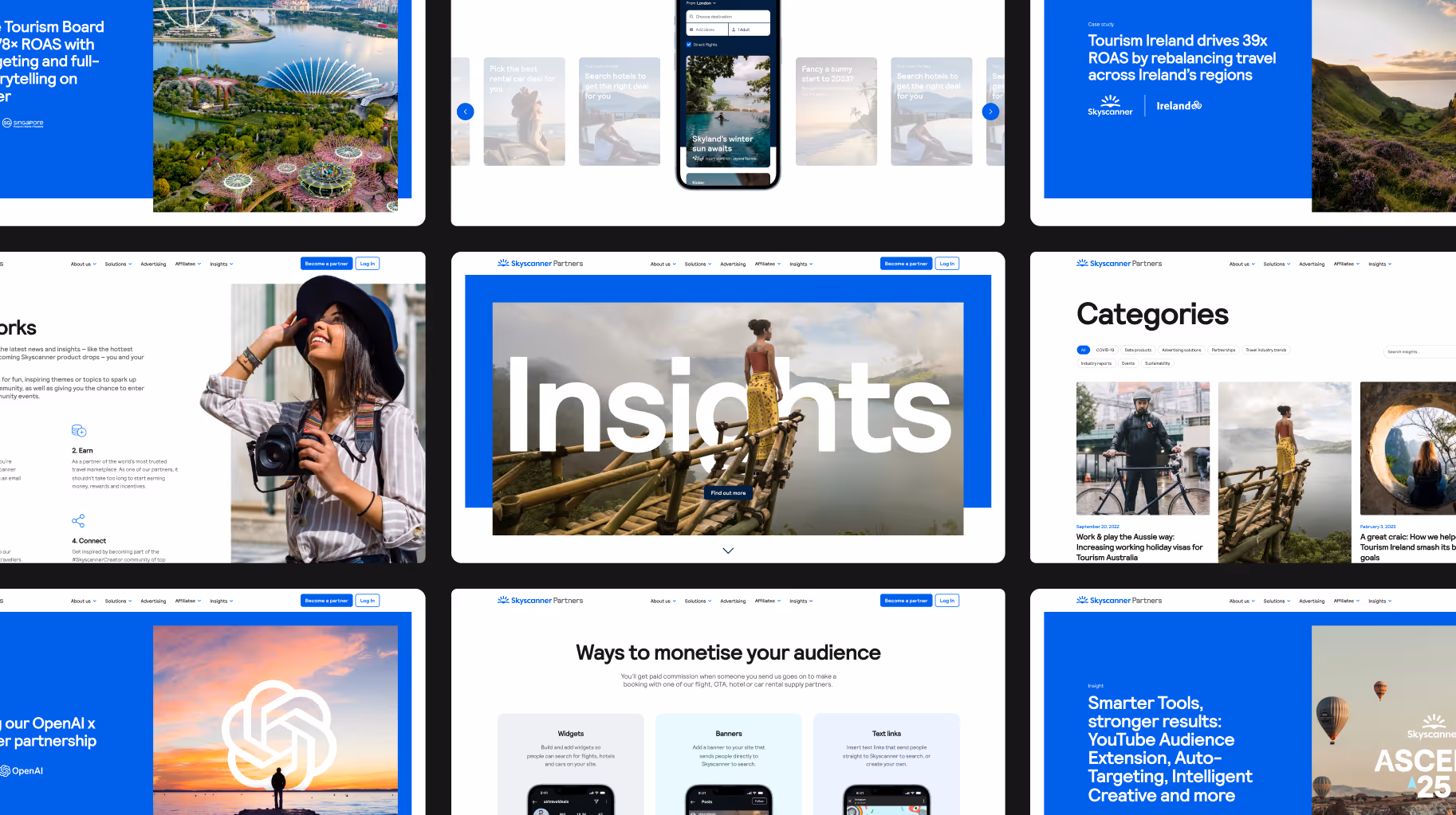 Collage of Skyscanner Partners web pages showing insights, categories, partnerships, and marketing tools.