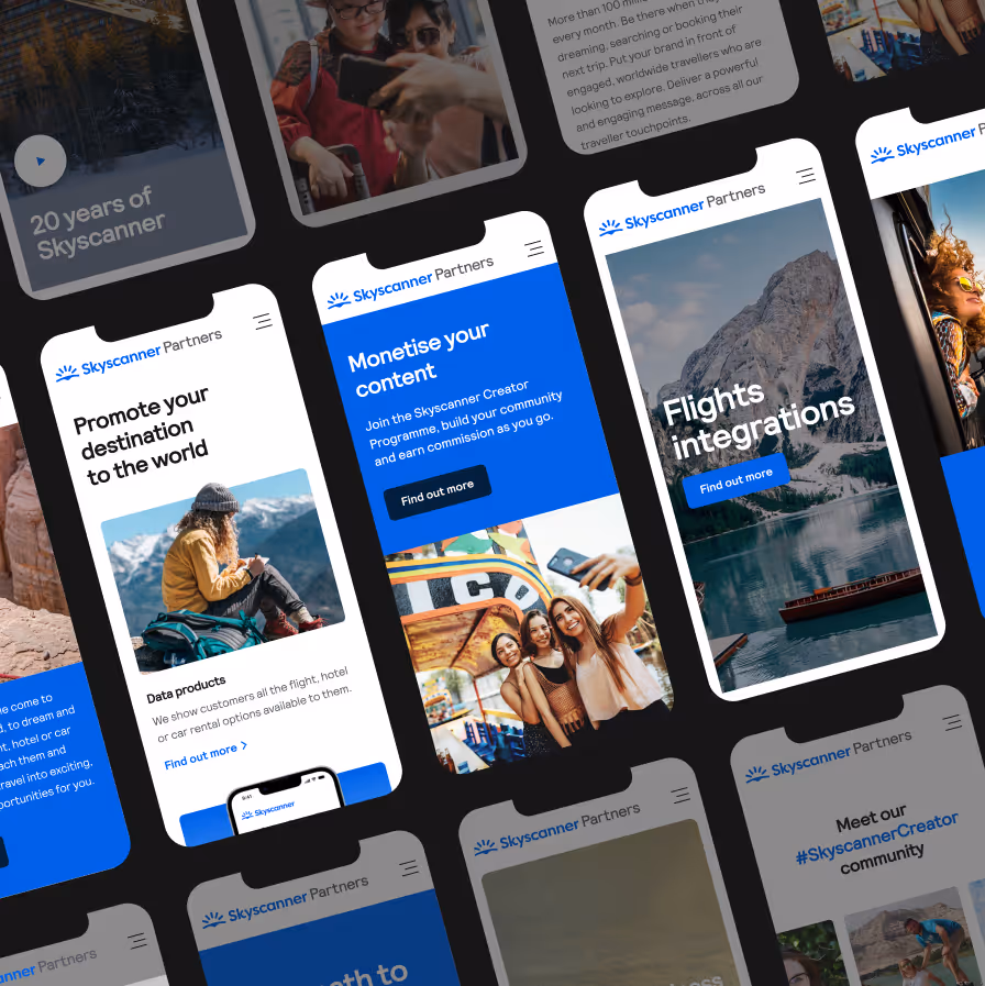 Mobile screens showing Skyscanner Partners pages about promoting destinations, monetising content, and flight integrations.