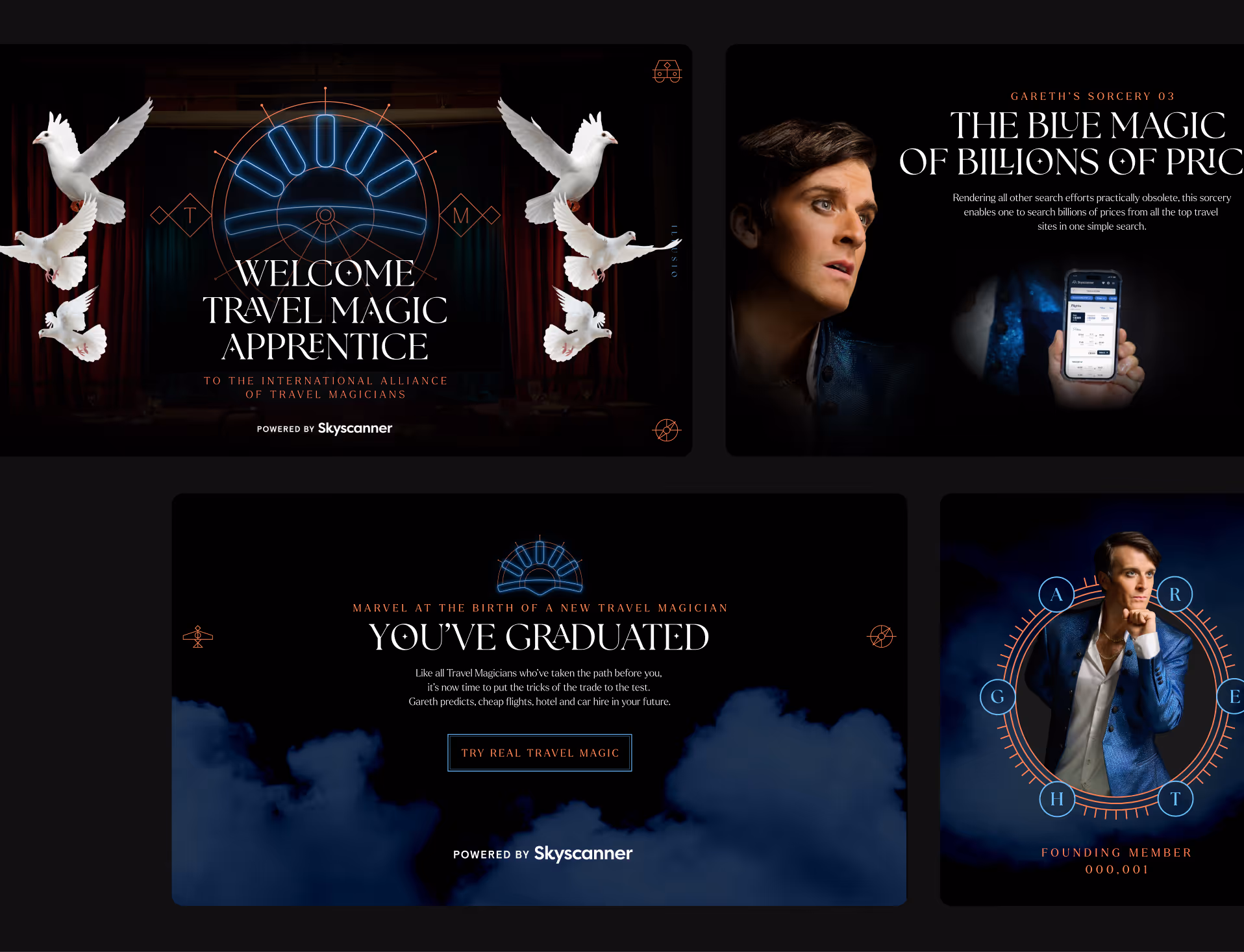 Collage with text about travel magic apprenticeship, blue magic price search, graduation, and a man in a blue jacket.