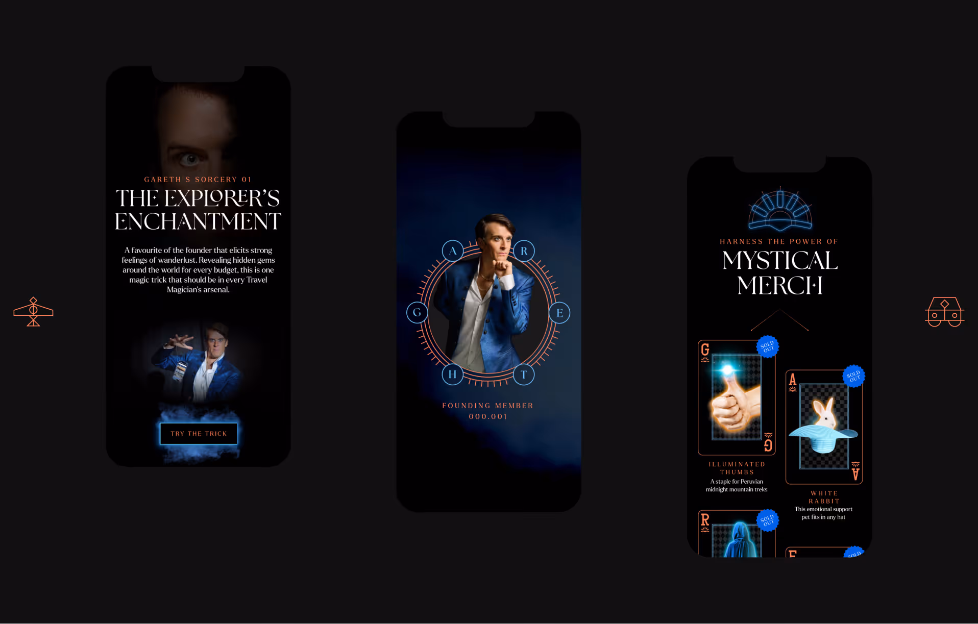 Three phones showing magic-themed screens: trick info, member profile, and mystical merch cards.