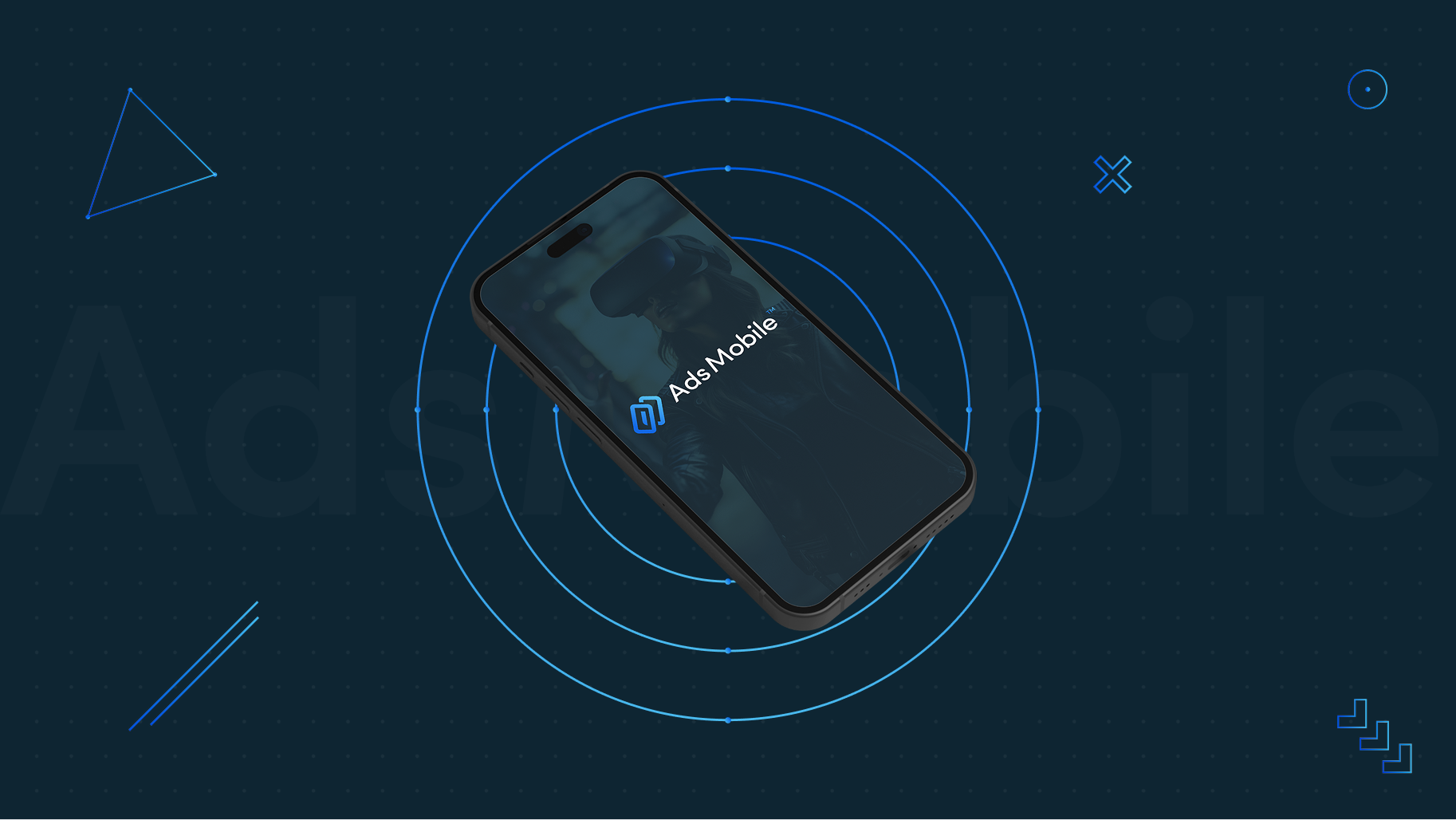 Smartphone displaying AdsMobile logo on screen with concentric blue circles in background.