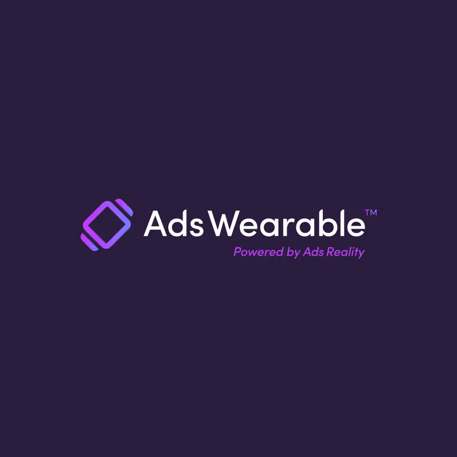 Ads Wearable logo with purple-blue icon and text on dark purple background.