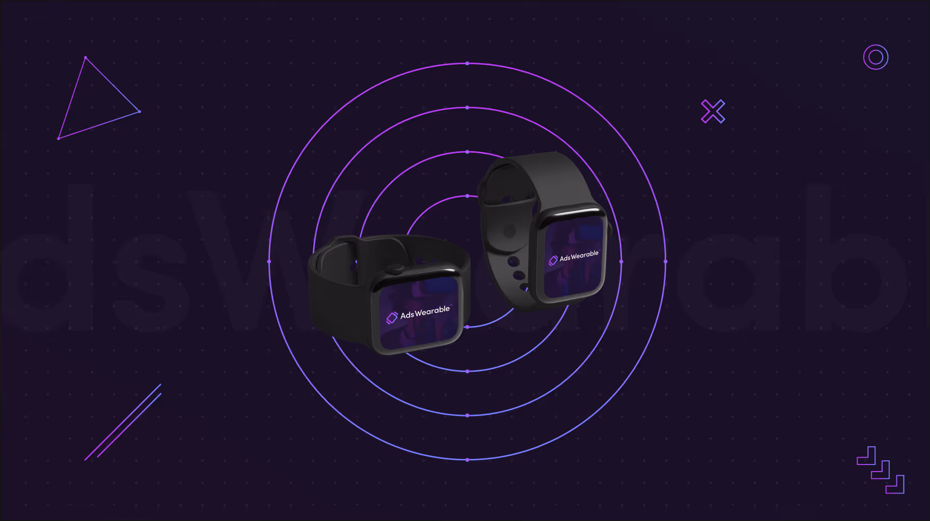 Two black smartwatches with AdsWearable logo on screens against dark background with concentric circles.