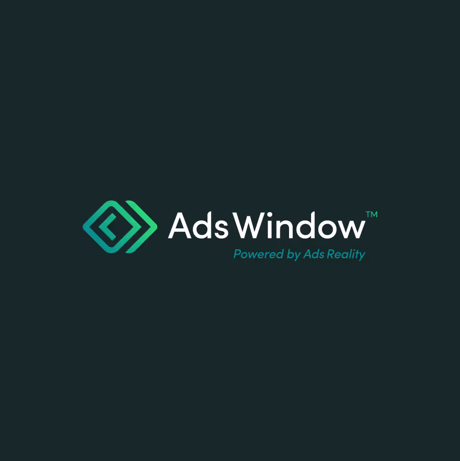 AdsWindow logo with green arrow symbol and text powered by Ads Reality on dark background.