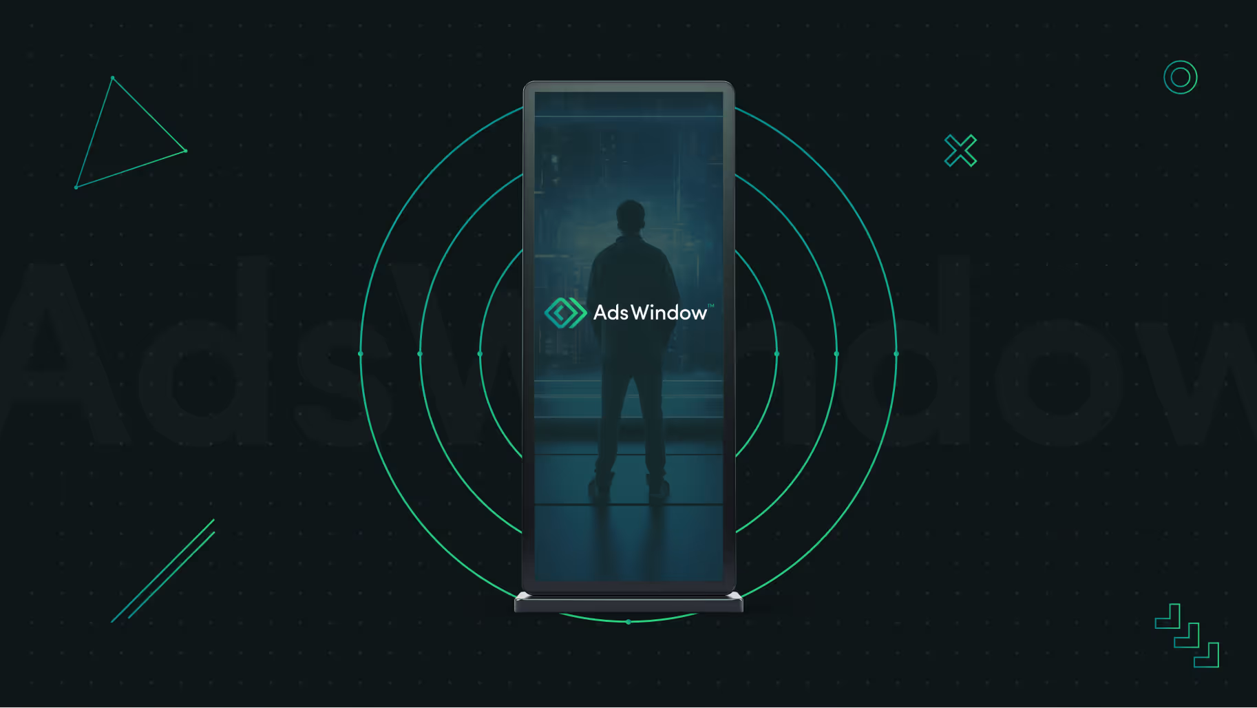 Silhouette of a person standing inside a tall vertical digital display with AdsWindow logo.