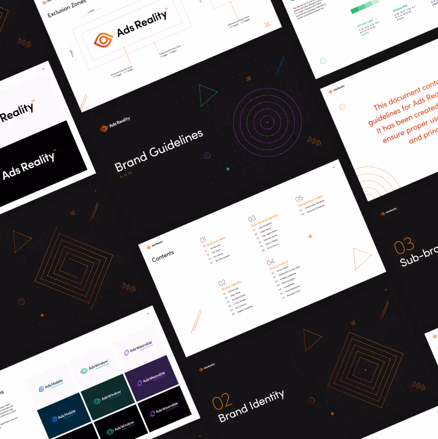 Collage of Ads Reality brand guideline slides showing logo, colors, typography, and content sections.