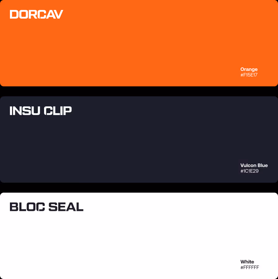 Color swatches labeled DORCAV: Orange, Vulcon Blue, and White with hex codes.