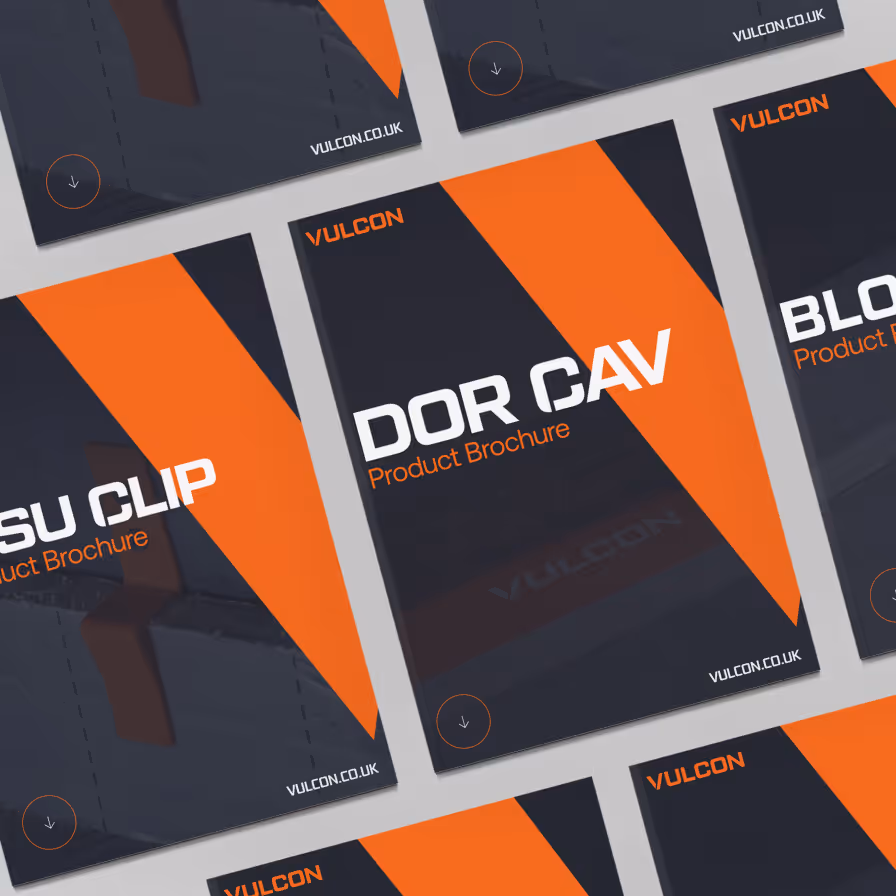 Brochures with black and orange geometric design, labeled Vulcon product brochures in bold text.