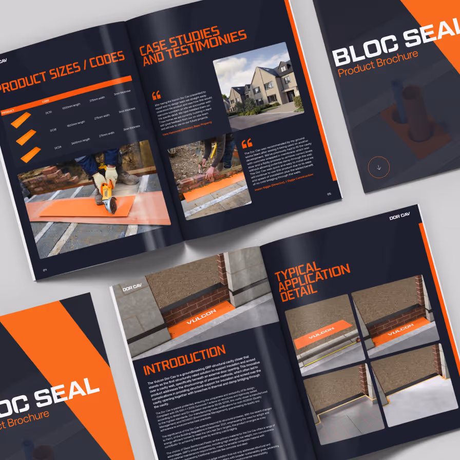 Open brochure showing Vulcon product sizes, case studies, introduction, and typical application details.