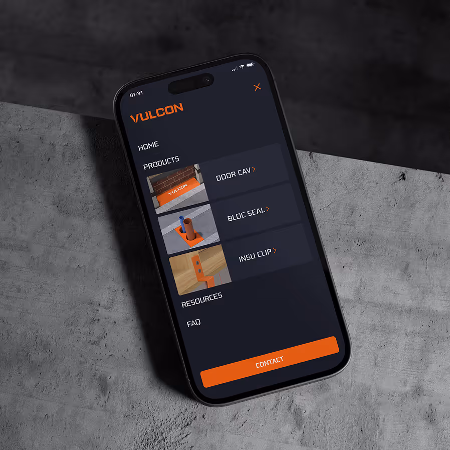 Smartphone screen showing Vulcon app menu with product categories and contact button on dark background.