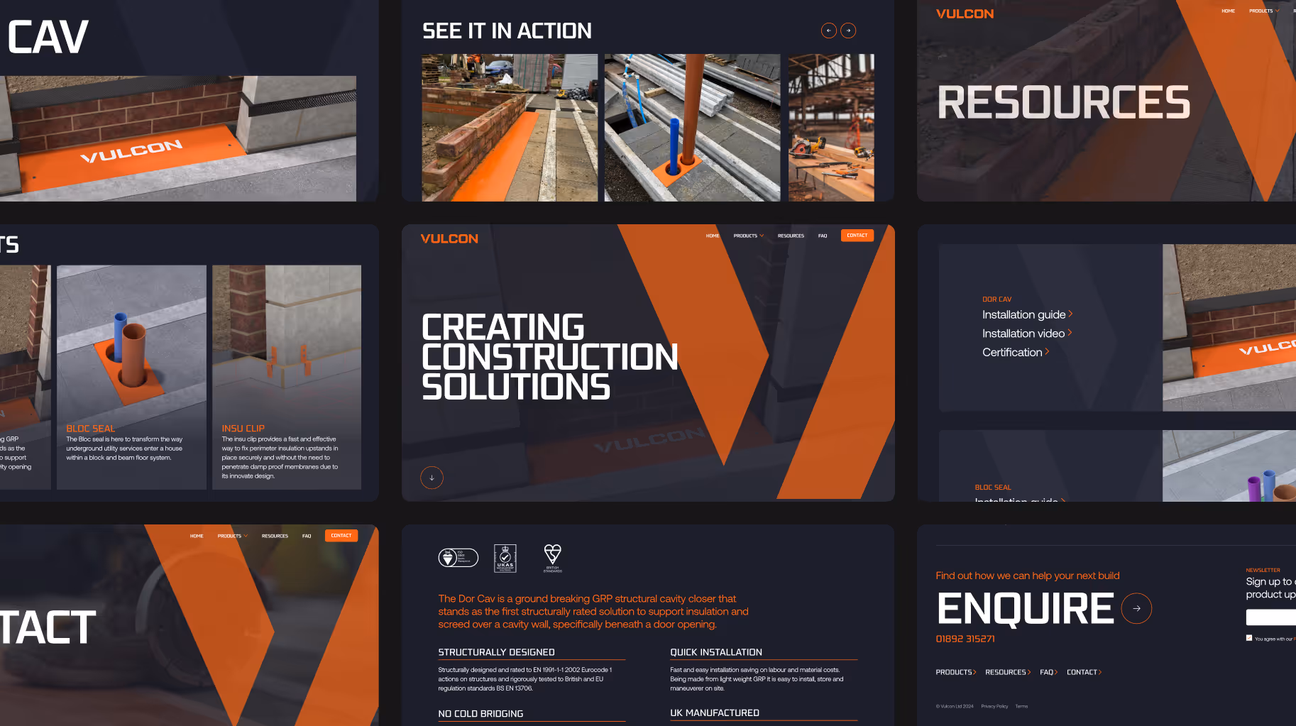 Website screenshots showing Vulcon construction solutions, products, resources, and enquiry contact info.