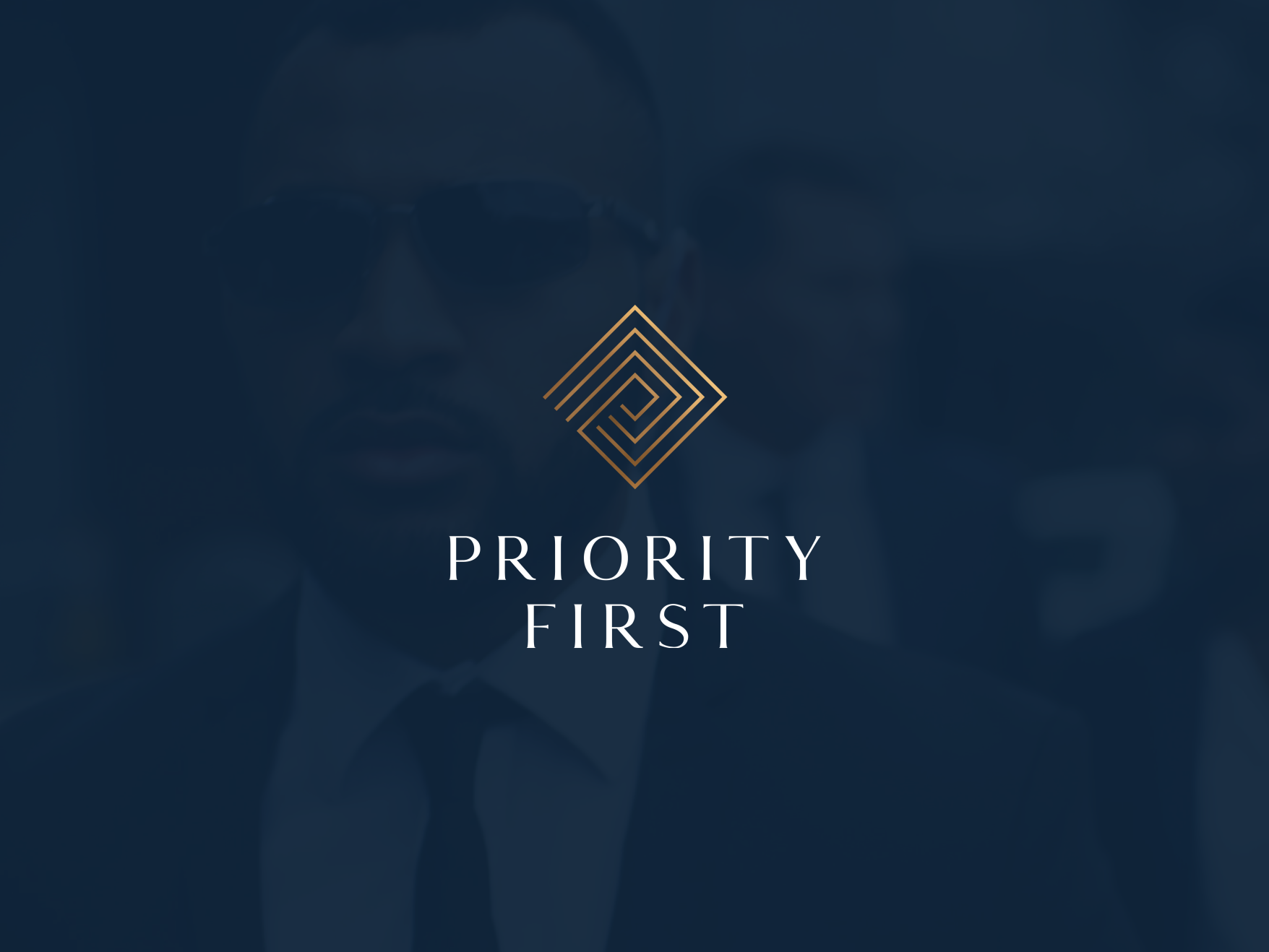 Priority First logo with gold diamond shape above white text on dark background featuring men in suits