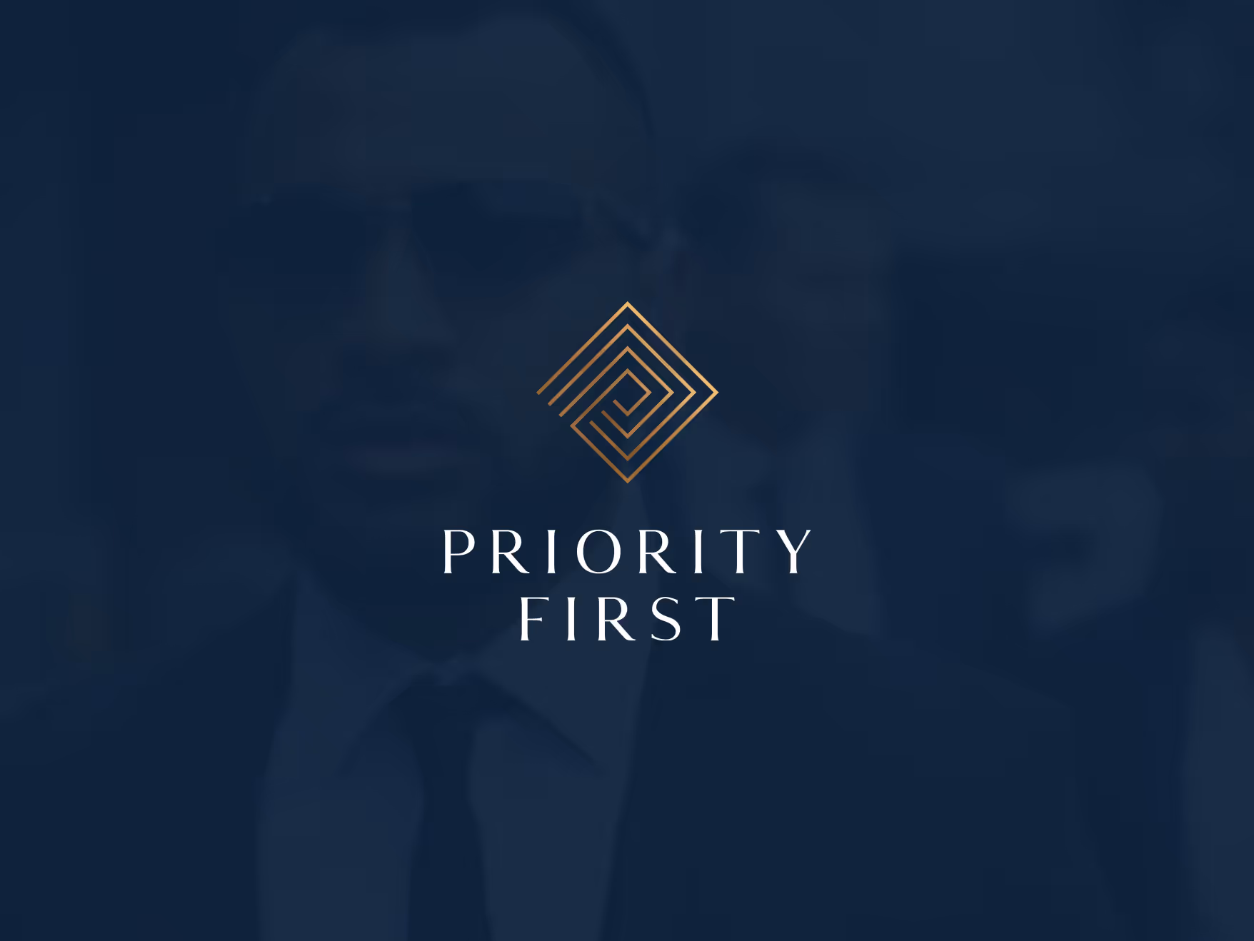 Priority First logo with gold diamond shape above white text on dark background featuring men in suits
