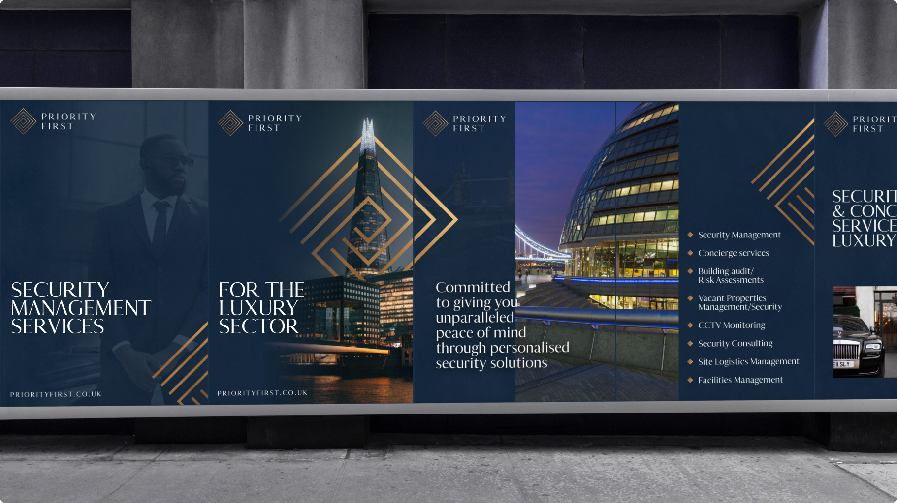 Priority First security ad with cityscape, list of services, and luxury focus text on a billboard.