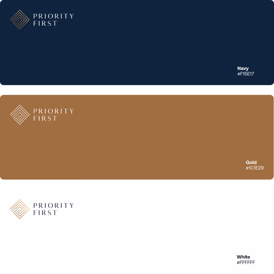 Three colored banners with 'Priority First' logo in navy, gold, and white, each labeled with its hex color code.