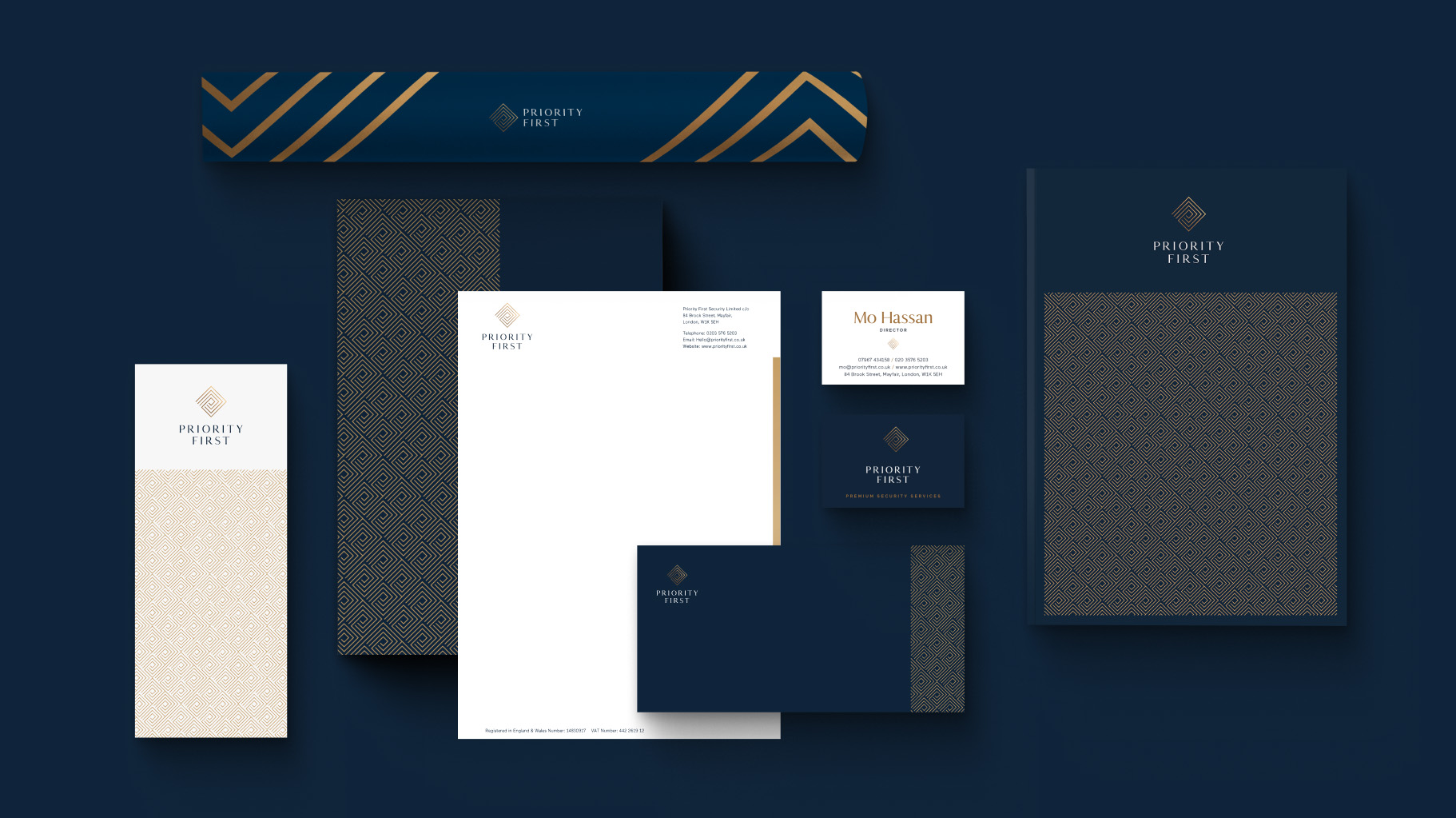 Priority First brand stationery set with navy blue and gold geometric patterns and logo.